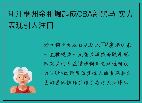 浙江稠州金租崛起成CBA新黑马 实力表现引人注目
